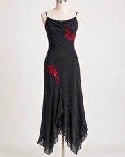Vintage Black Silk Maxi Slip Dress Red Floral Embroidery Asymmetrical Hem Size 8