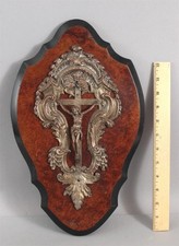 Antique French Victorian Silver on Copper Jesus Crucifix w/ Burl Wall Plaque, NR