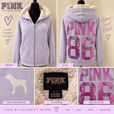 PINK Victoria's Secret Full Zip Fleece Hoodie Sequin Logo Pockets Purple M