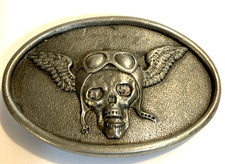 Vintage Winged Skull Biker Head Belt Buckle Indiana Metal Craft 1976