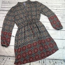 alya Womens Med Geometric Print Smocked Waist Midi Dress Black Red Yellow