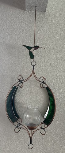 Vintage Hummingbird Copper Propagation Hanging Planter Stain Green Glass