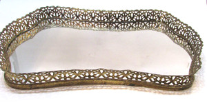 Vintage 1980's Large 11x16 Mirror Vanity Tray w Gold Stamped Tin Filigree Side A