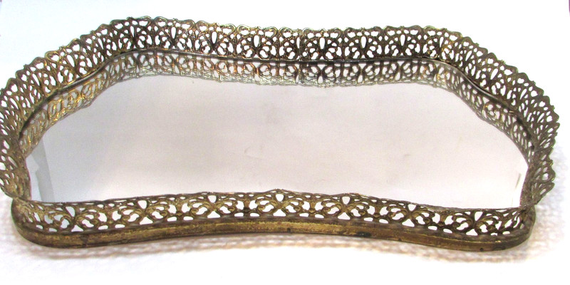 Vintage 1980's Large 11x16 Mirror Vanity Tray w Gold Stamped Tin Filigree Side A