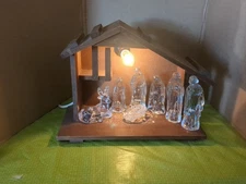 Vintage Glass Figurine Nativity Set with Wood Stable 7 Piece With Light Display