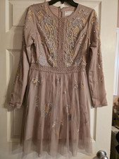 ASOS DESIGN Taupe Mesh Beaded Embroidered A-Line Knee Dress Zip Size 8