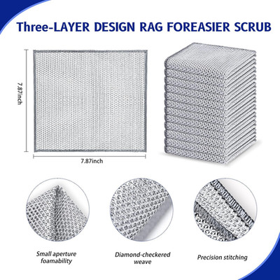12 PCS 3-Layer Non-Scratch Wire Dishcloths, Reusable Quick-Dry Metal Dishwash...