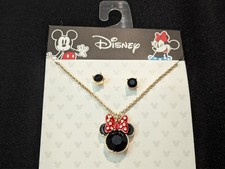 Disney Minnie Mouse Girls 16"  3" Necklace Earring Set Kids Gold Tone Black