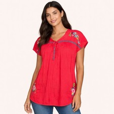 Johnny Was Coral Floral Embroidered Cupra Rayon Tunic Top Womens Medium Boho