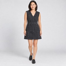 Madewell Dress WMNS 6 Black Cap Sleeve V-Neck Mini Pockets Denim 90s Grunge