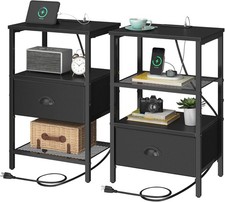 Nightstands Set of 2 Black Night Stands W/ Charging Station Bedside Tables W/