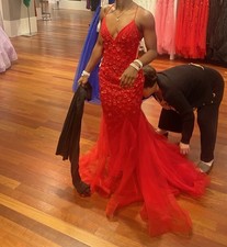 Red Formal Mermaid Gown with Floral Embellishments, Strappy Back, Floor-Length