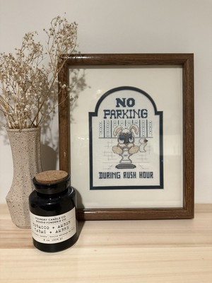Rare Vintage Framed Cross Stitch Bunny Bathroom Sign No Parking During Rush Hour
