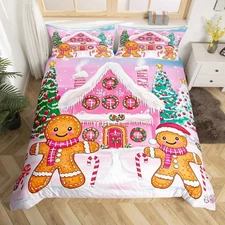 Pink Merry Christmas Bedding Set Full Size Xmas Tree Gingerbread Man Comforte...