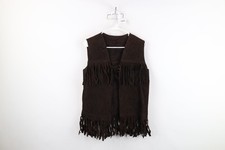 Vintage 60s 70s Boho Chic Womens Large Distressed Fringed Suede Leather Vest USA