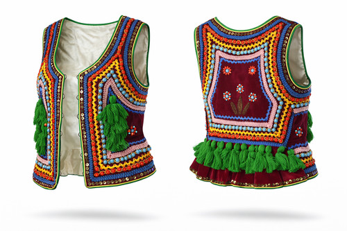 Vintage Polish Hand Stitched Embroidered Vest Folk Tassel Beaded Open Front