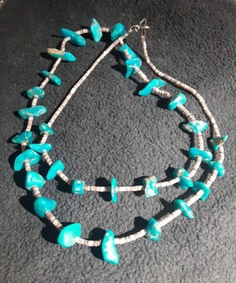 Heishi Turquoise Necklace Nugget Shaped Beads & Fine Brown Shells 