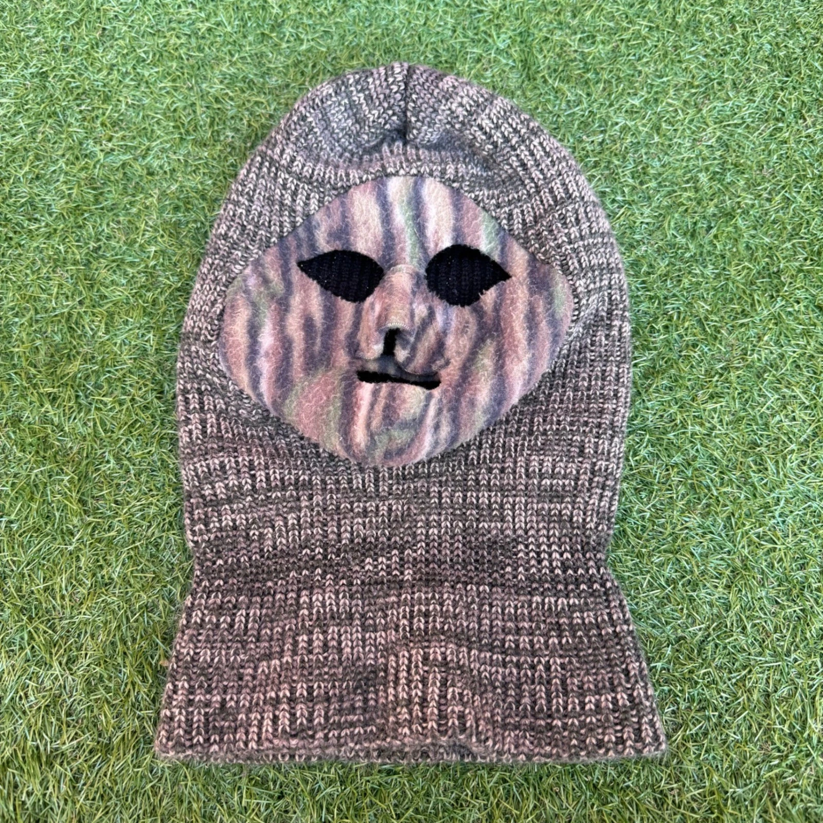 Vtg Mens Knit Balaclava Ski Mask Treebark Camo Face Cover Made in USA