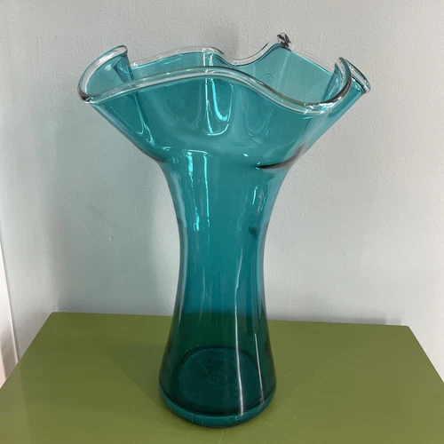 BLENKO 12” Teal Green Glass Handkerchief Vase Signed 2010