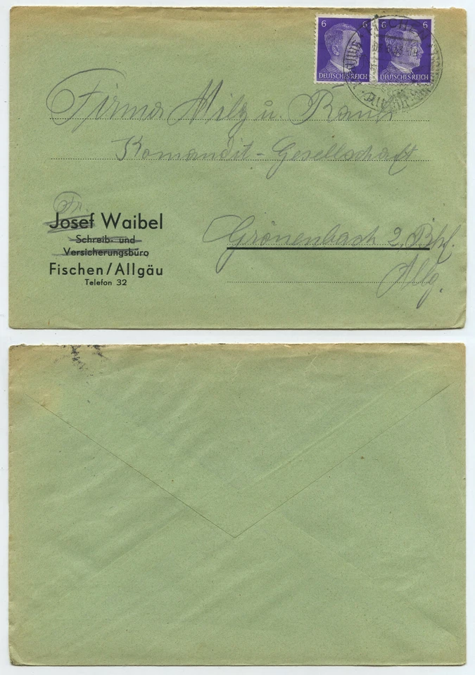 72390 - Beleg - Fischen 3.6.1943 nach Grönenbach - Bild 1 von 1