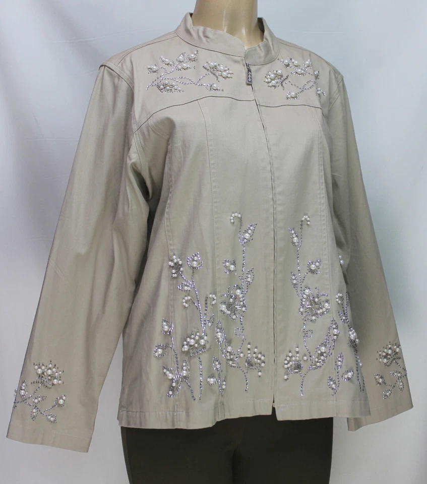Quacker Factory Women's Jacket Stretch Long Sleeve Embellished Beige Size L - Imagem 4 de 4