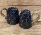Cobalt Blue Gray Sponged Art Pottery Salt Pepper Shakers Signed Handles