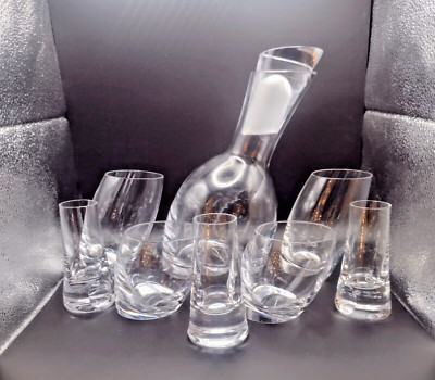 Set of 8 Nambe Tilt Decanter w/Stopper and 2 Short, 2 Tall, and 3 Shot Glass