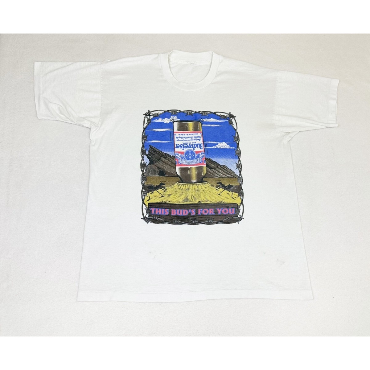 Vintage 90s This Buds for You T-Shirt White Budweiser Beer Single
