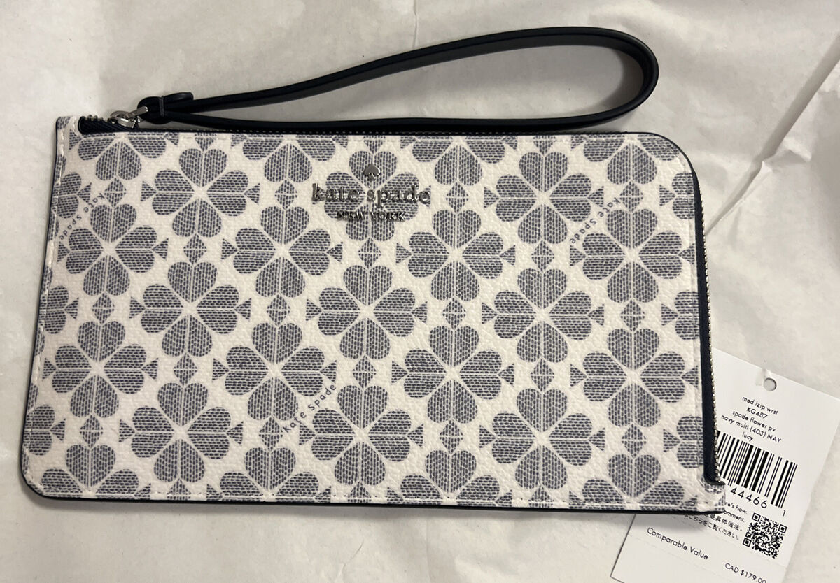 Kate Spade SPADE FLOWER medium L-zip WRISTLET NAVY BLUE & BEIGE MULTI BNWTS