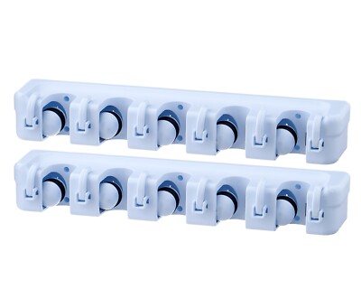 5-Slots & 6-Hooks White Mop and Broom Organizer, 2-Pack, by Superio
