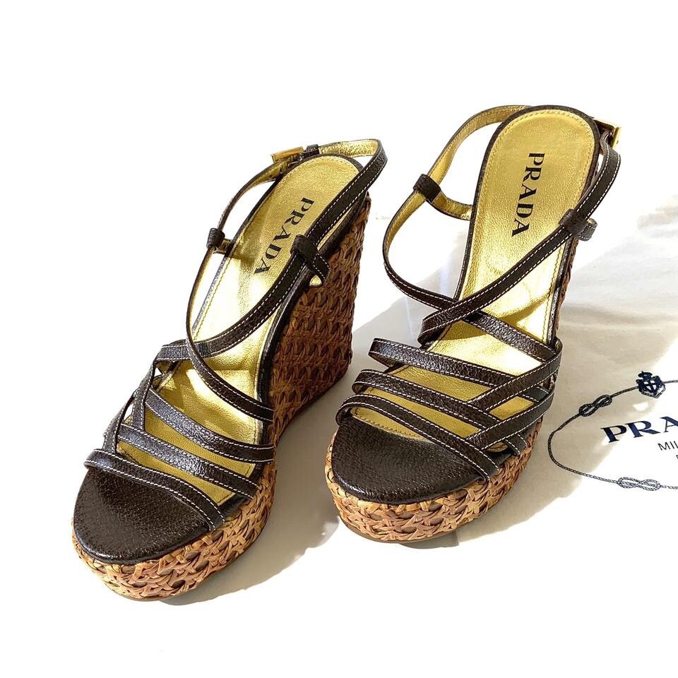 PRADA VINTAGE Y2K BROWN LEATHER STRAPPY WEDGE SANDALS RAFFIA PLATFORM HEELS/5.5 image 2