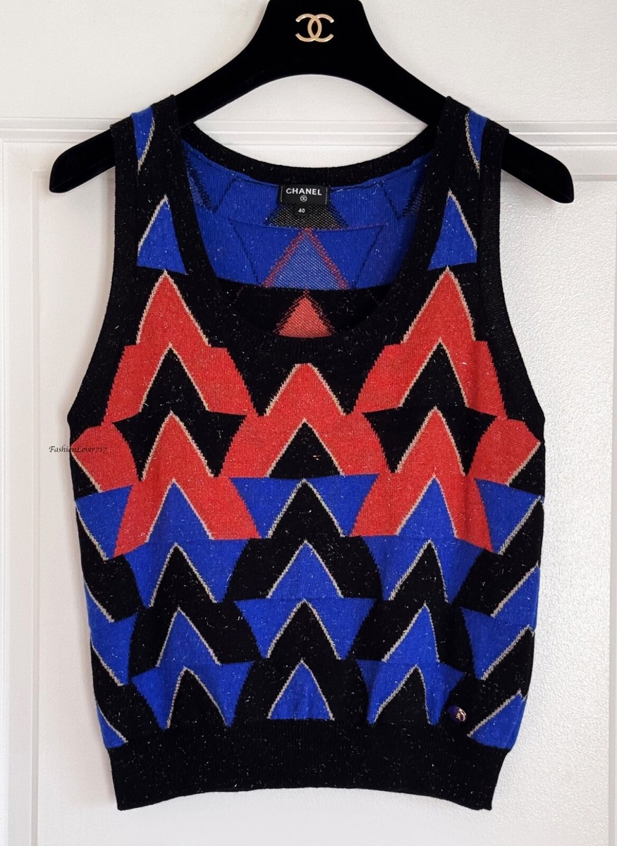 19A EGYPT CHANEL BLACK BLUE ORANGE GOLD CC CASHMERE SLEEVELESS TOP