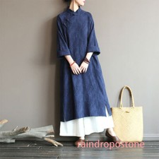 Womens Linen Cotton Long Sleeve Tunic Floral Chinese Style Cheongsam Qipao Dress
