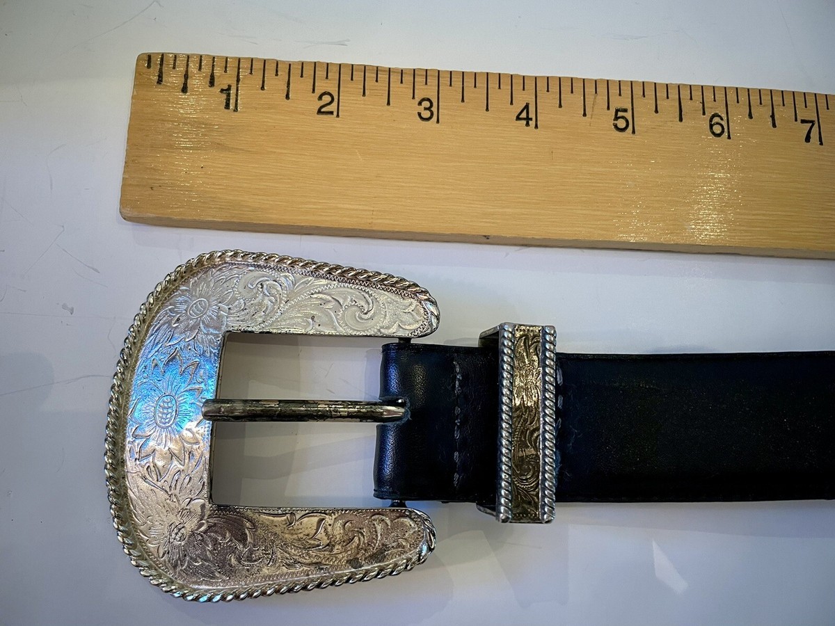 Vintage Western Black Leather Belt S (24”-28”) Tooled Sterling