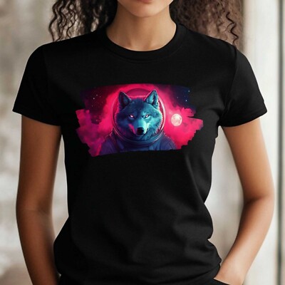 Women Wolf as Astronaut Print Cotton T-Shirt Size XS to 3XL