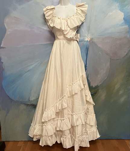 Vtg Alfred Angelo 1980's XXS Wedding Dress Gown Bows Ruffles Boho CottageCore