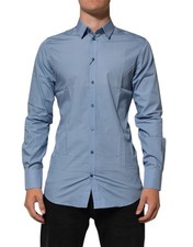 Dolce & Gabbana Blue Cotton Collared GOLD Formal Dress Men's Shirt Authentic