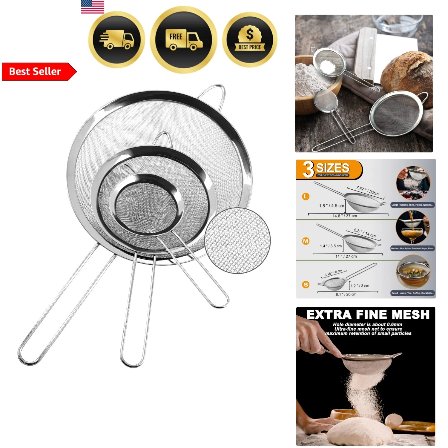 Fine Mesh Strainers Set Stainless Steel Colander Sieve Sifters 3pcs