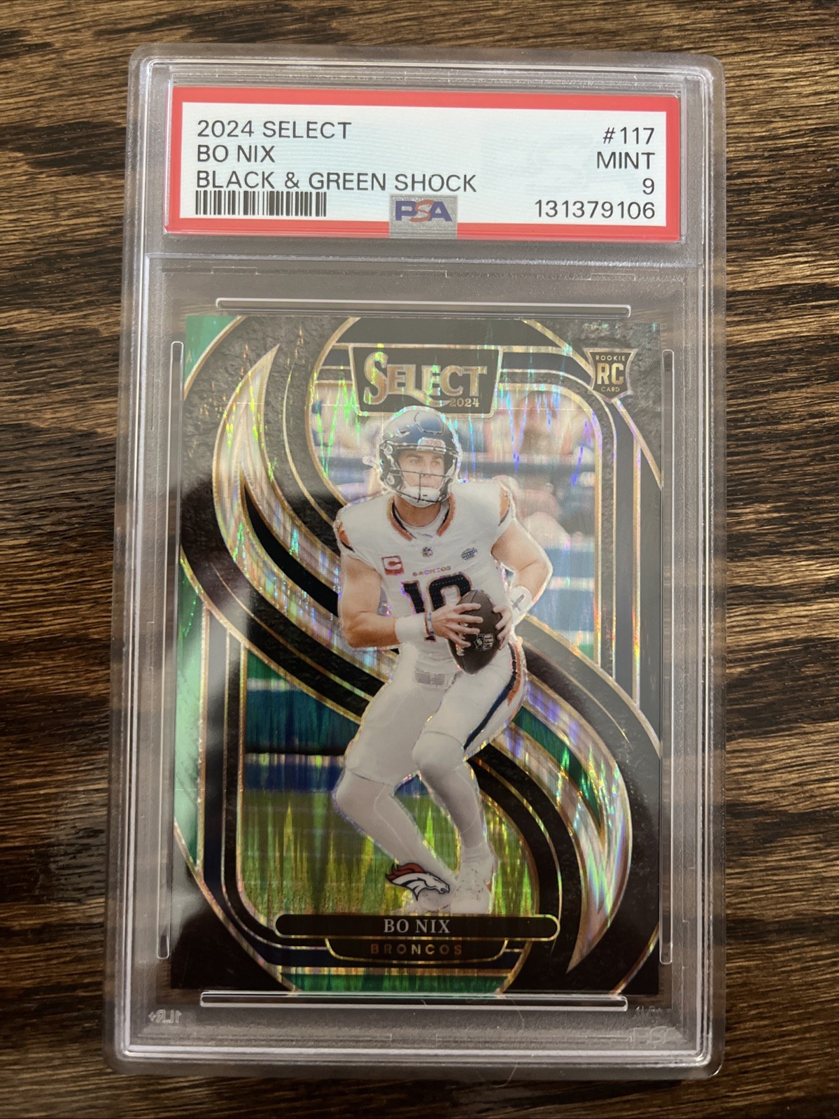 2024 Panini Select - Premier Level Bo Nix #117 Black & Green Shock Prizm PSA 9