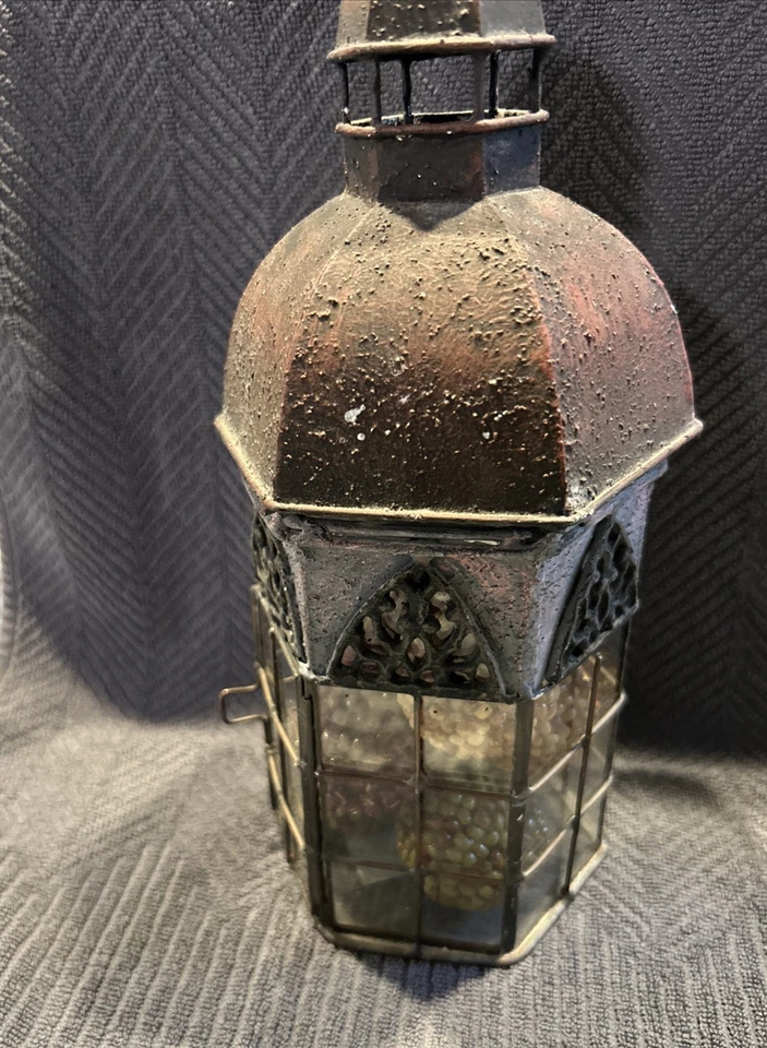 Metal And Glass Candle Holder Lantern 10” Tall With Decorative Balls Inside - Image 3 of 4