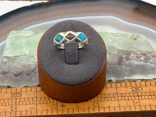 Vintage Navajo Sterling Silver 3 stone Turquoise and Coral Band sz 7.5--1502.24