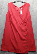 LOFT Midi Shift Dress Womens 20 Red Sleeveless Summer Faux Wrap Side Button