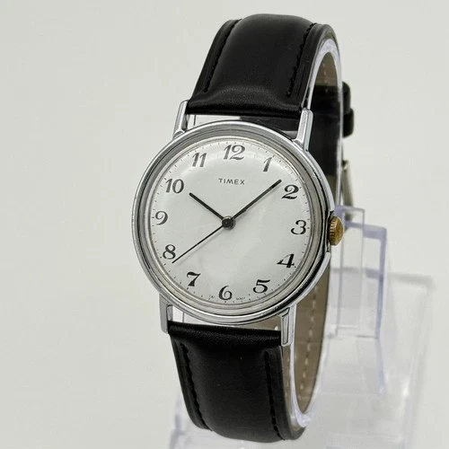 Vintage 1970s TIMEX Mercury Men's Mechanical Watch, 34mm, White Dial, Leather