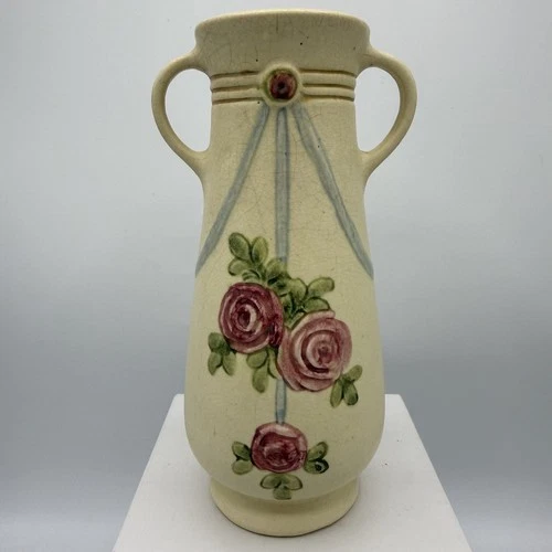 Antique 1920’s Weller Pottery 8.5” “Roma” Pink Roses Double-Handled Vase