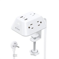TROND Desk Clamp Power Strip 5 AC Outlets 3 USB Ports 10ft Cord White