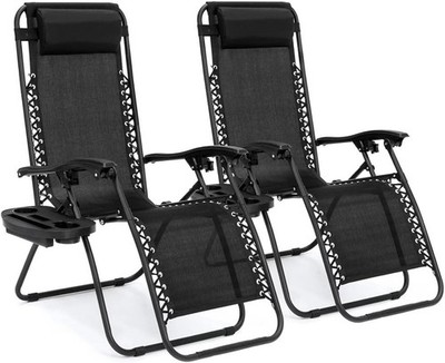 2-CHAIRS - Zero Gravity Chairs Folding Outdoor Patio Recliner Lounge Chair Cup
