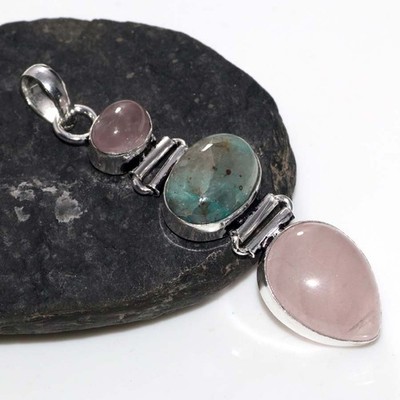 Long Quantum Quattro Rose Quartz 925 Silver Plated Pendant 2.4'' New Arrival JW