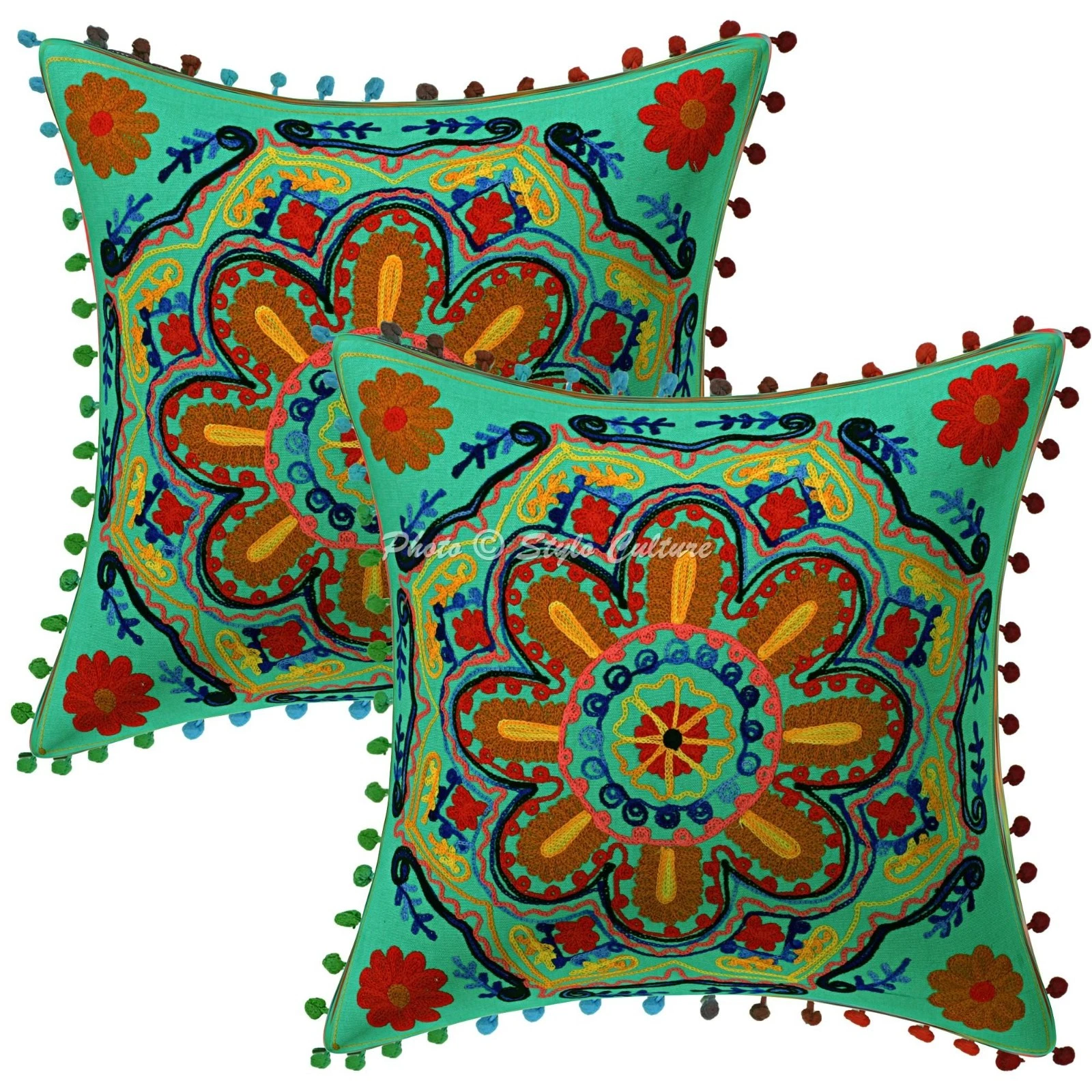 Suzani Embroidered Pom Pom Decorative Throw Pillow Covers Cotton 40x40 cm Boho