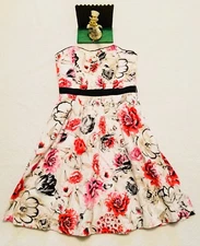 White House Black Market A-Line Strapless Dress Cotton Floral Embroidered 6 NICE