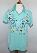 Haband V Neck Teal Blue Collared Shirt Puffy Paint Floral Women's S Made in USA
